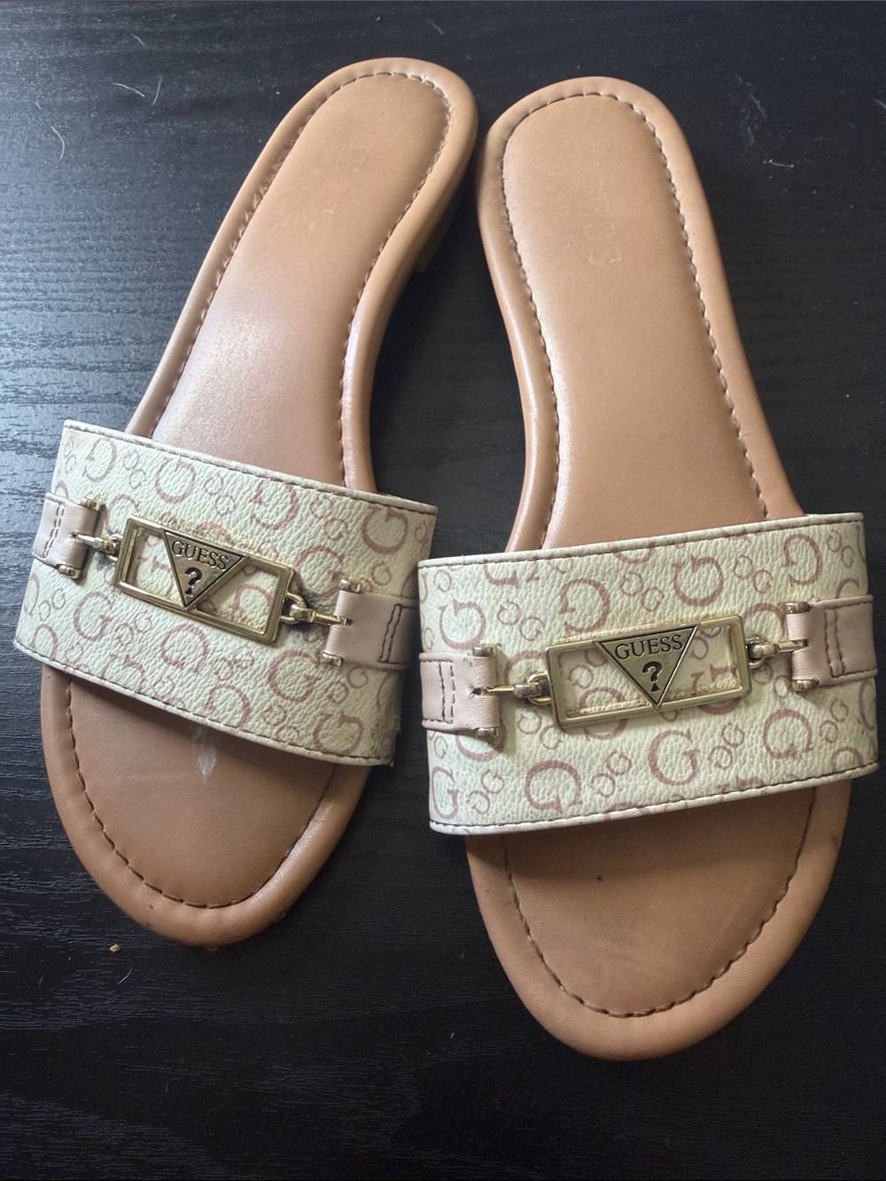 Guess Cream and Tan Logo Slide Sandals